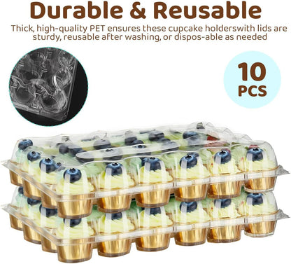 24 Pack x 10 Sets Count Cupcake Containers, Plastic Disposable Cupcake Boxes Holder, Stackable Clear Cupcake Carrier with High Tall Dome Lid