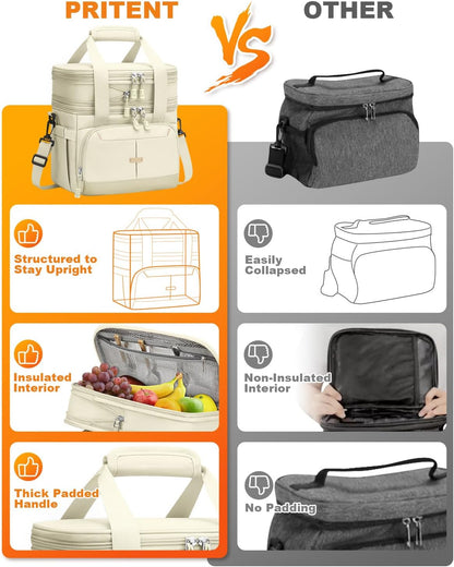 Pritent Lunch Box For Men Women Double Deck Insulated Lunch Bag For Men Woman Leakproof Expandable Cooler Bag with Adjustable Shoulder Strap for Kids Shool Work Picnic Camping(Beige,Large)