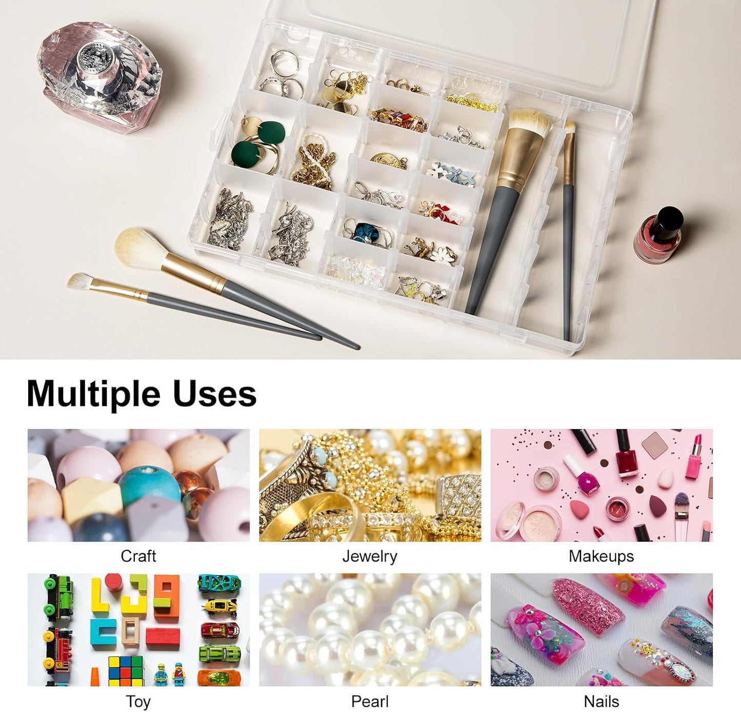 Gospire 15 Large Grids Clear Plastic Jewelry Box Organizer Storage Container with Removable Dividers (15 Grids - Clear)