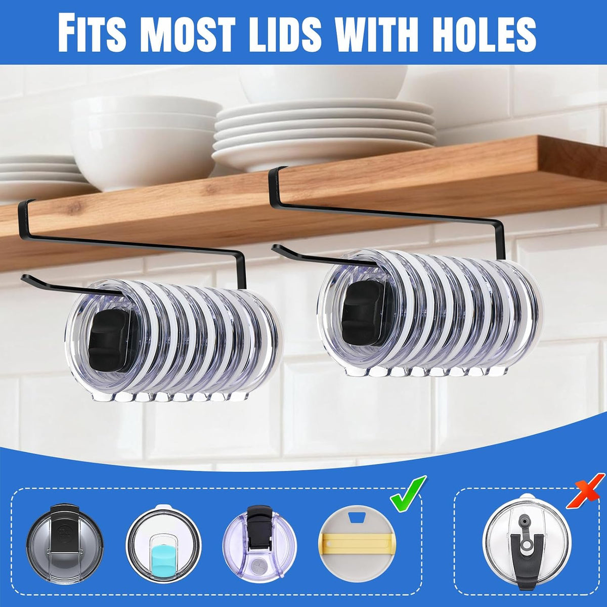 Tumbler Lid Organizer, No Adhesive or Drilling, Kitchen Space Saver