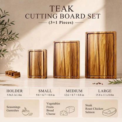 Kikcoin Teak Wood Cutting Board for Kitchen with Storage Stand, Pre-Oiled Wooden Cutting Board Set of 3, Large Butcher Block Charcuterie Boards with Juice Groove for Meat, Cheese, Pizza