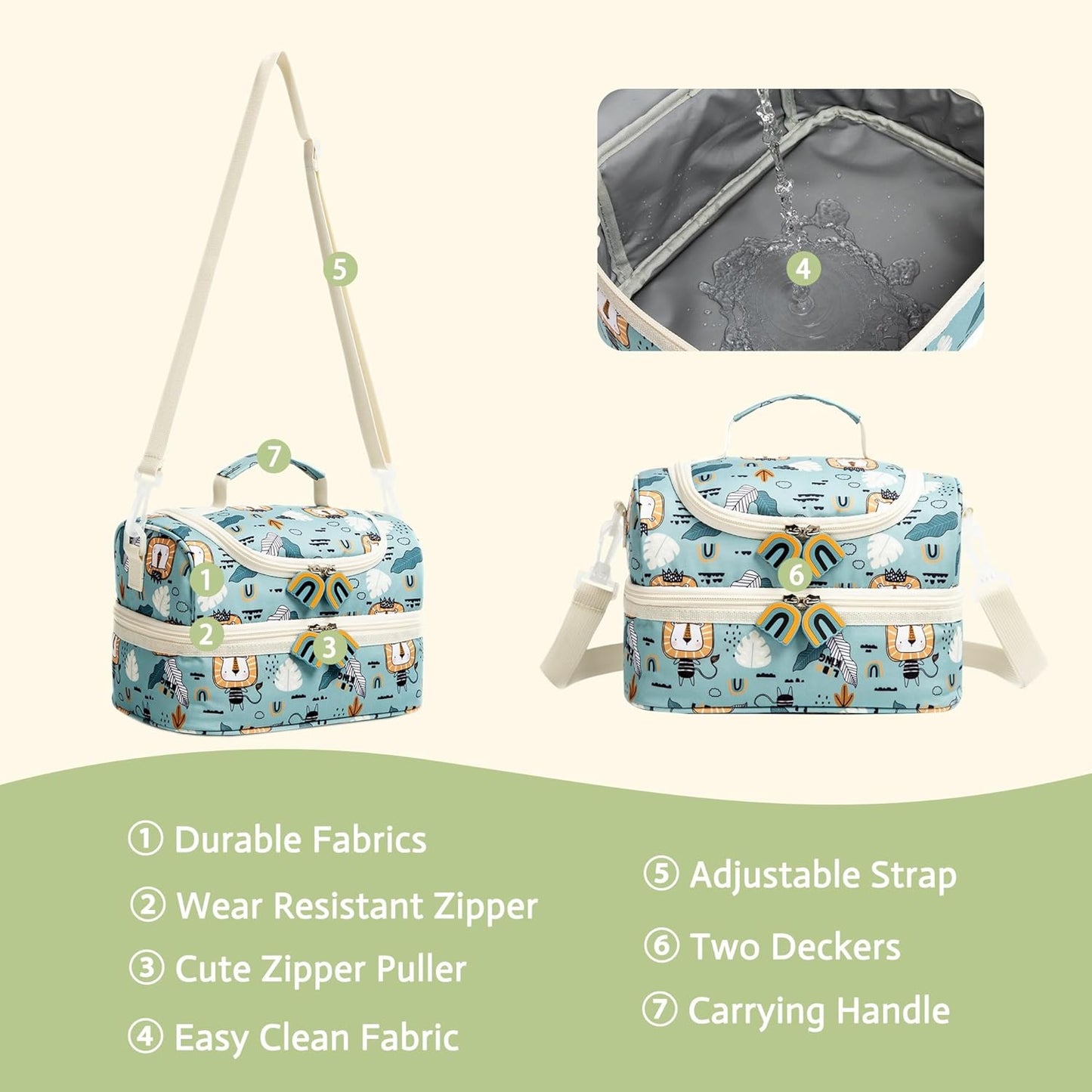 Insulated Kids Dual Compartment Lunch Bags Tote Pack for Girls Boys Toddler Kindergarten School Picnic Cooler Thermal Lunch Boxes with Strap (Green Rainbow)