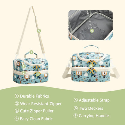 Insulated Kids Dual Compartment Lunch Bags Tote Pack for Girls Boys Toddler Kindergarten School Picnic Cooler Thermal Lunch Boxes with Strap (Green Rainbow)