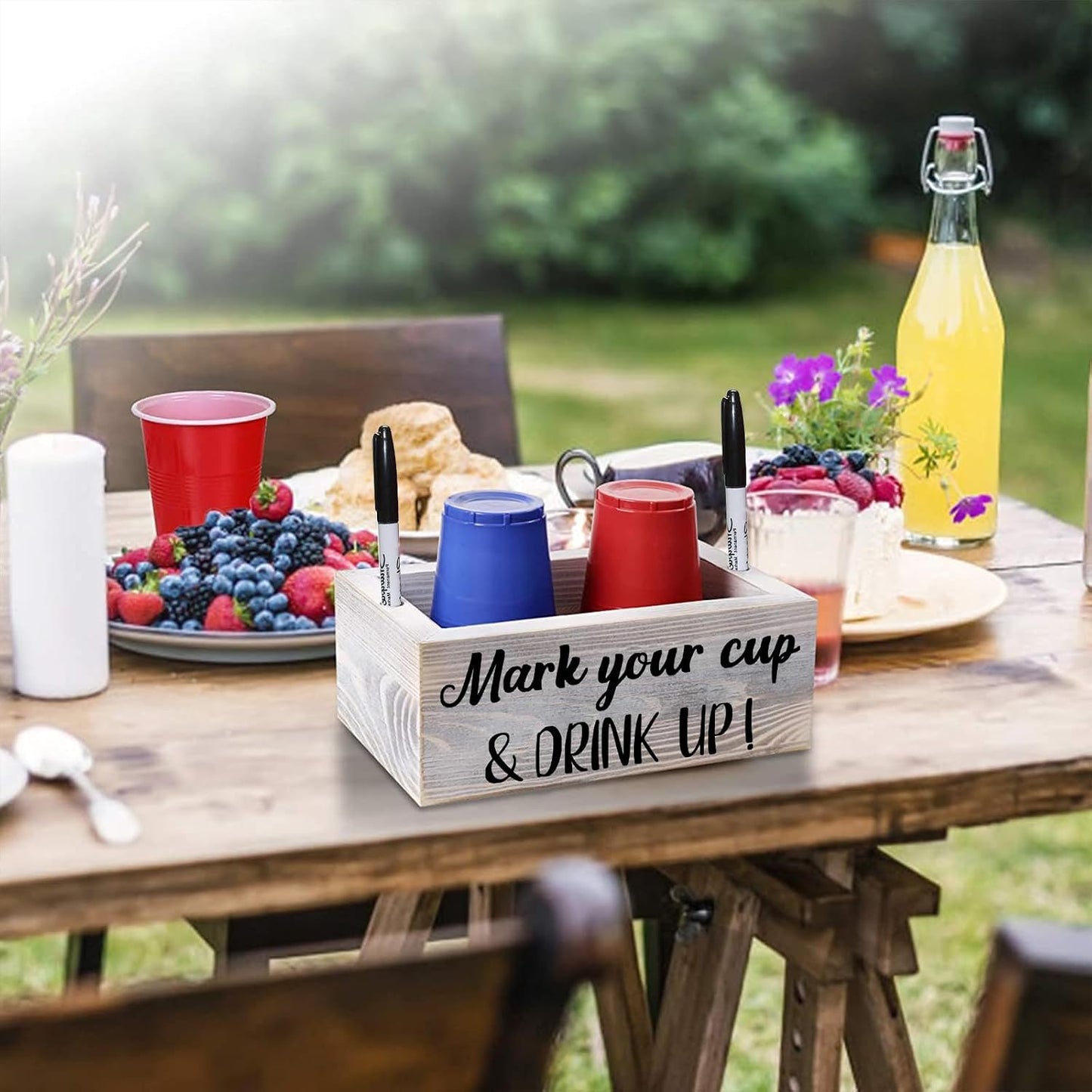 Wooden Cup Holder with Marker Slot, Disposable Plastic Party Cup Organizer for Holiday Gatherings - Hosting Essential to Mark Your Cup & Drink Up, Prevent Mix-Ups, Reduce Waste