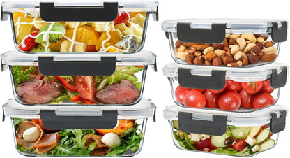 6 Pack Glass Food Storage Containers with Airtight Lids, Meal Prep Containers for Lunch, Leftovers, BPA Free (Grey)