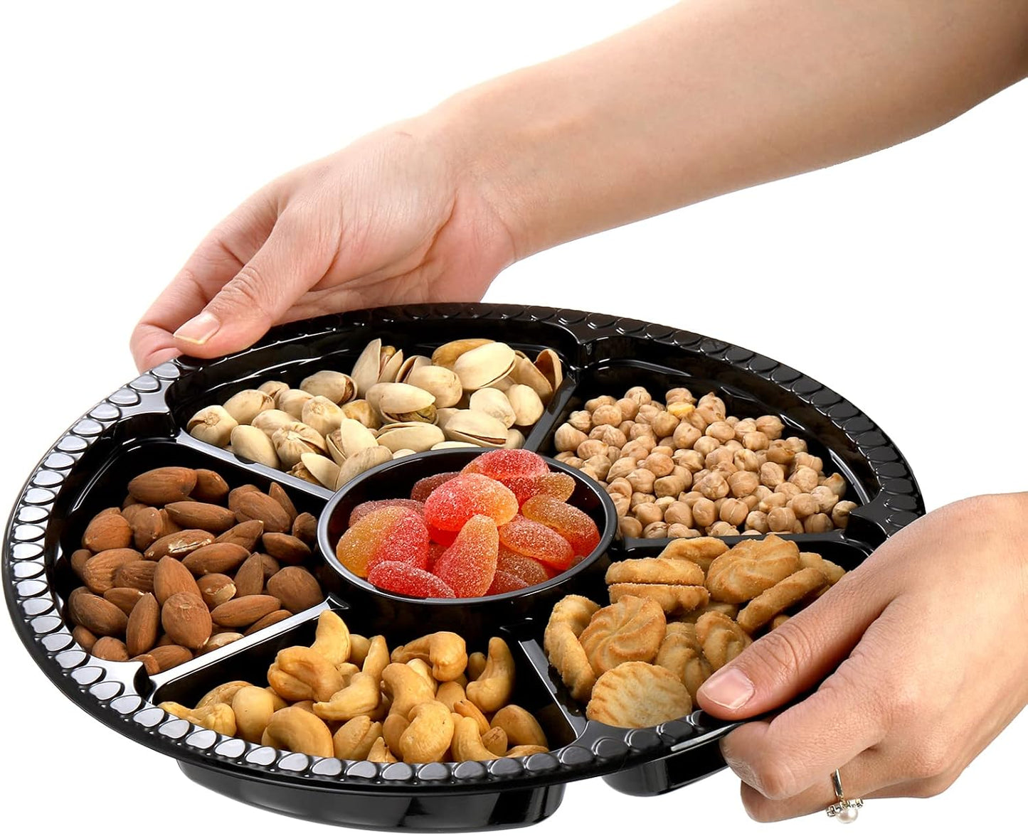Lyellfe 30 Pack Plastic Appetizer Tray with Lid, Disposable Fruit Veggie Tray with 6 Compartment, 10.5 Inch Heavy Duty Snack Serving Platter Container for Salad, Nut, Olive, Party