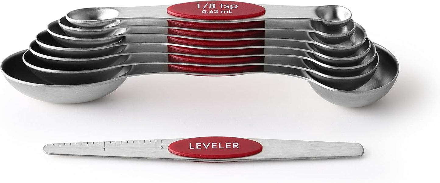 Spring Chef Stainless Steel Magnetic Measuring Spoons Set with Strong N45 Magnets, Heavy Duty Metal Kitchen Gadgets for Baking & Cooking, Fits in Most Kitchen Spice Jars, Set of 8 with Leveler, Black