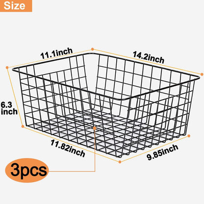 3 Pack Large Wire Baskets for Organizing 14.2'' Metal Wire Baskets with Built-in Handles, Wire Storage Basket Black Metal Freezer Organizer Wire Basket for Pantry, Cabinets, Bathroom
