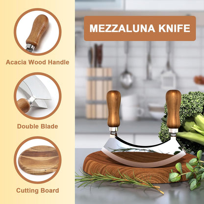 Cutting Board & Mezzaluna Knife, 2-Bladed Herb Chopper with Wood Board