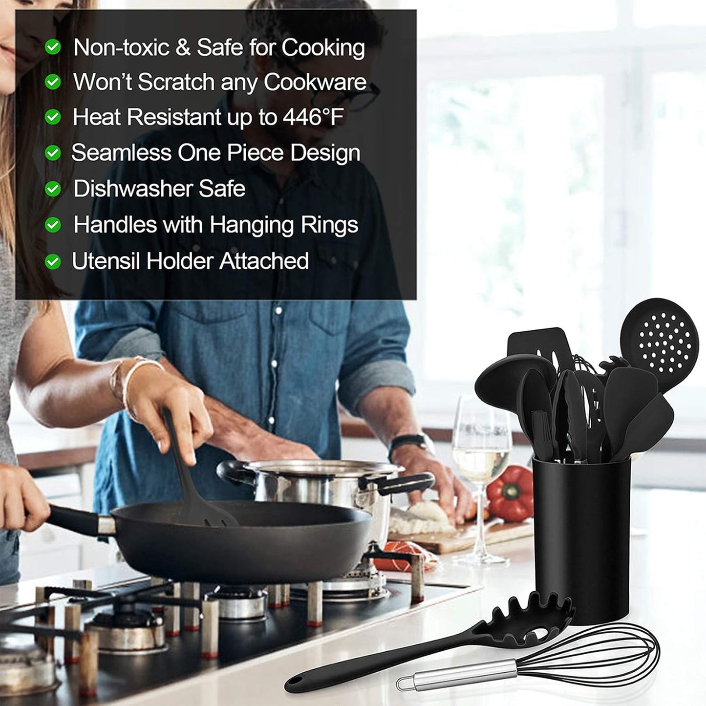 LIANYU 12-Piece Silicone Kitchen Cooking Utensils Set with Holder, Kitchen Tools Include Slotted Spatula Spoon Turner Ladle Tong Whisk, Dishwasher Safe, Dark Blue