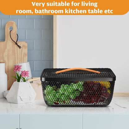 Tandefio 4 Pcs Metal Mesh Basket with Lid and Wooden Handle 9.65 x 7.68 Inch Wire Storage Basket Garden Baskets Organizer Containers for Vegetable Fruit Picnic Kitchen Bathroom (White)
