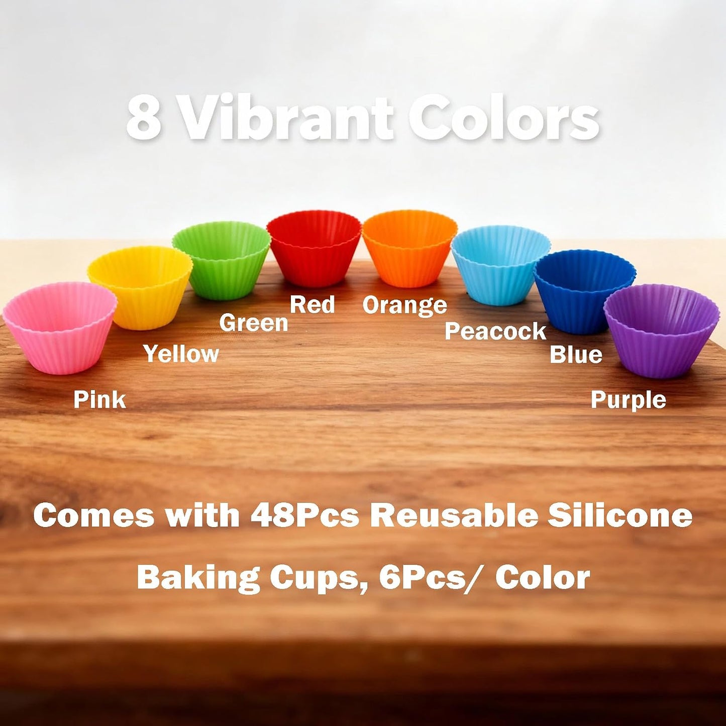 Reusable Silicone Cupcake Liners BPA Free Silicone Muffin Cups for Baking, Oven Microwave Air Fryer Safe, 2.75 x 1.7 x 1.2 Inches, Dishwasher Safe Baking Cups, 8 Rainbow Colors, 48 Pack