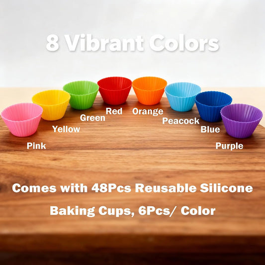 Reusable Silicone Cupcake Liners BPA Free Silicone Muffin Cups for Baking, Oven Microwave Air Fryer Safe, 2.75 x 1.7 x 1.2 Inches, Dishwasher Safe Baking Cups, 8 Rainbow Colors, 48 Pack