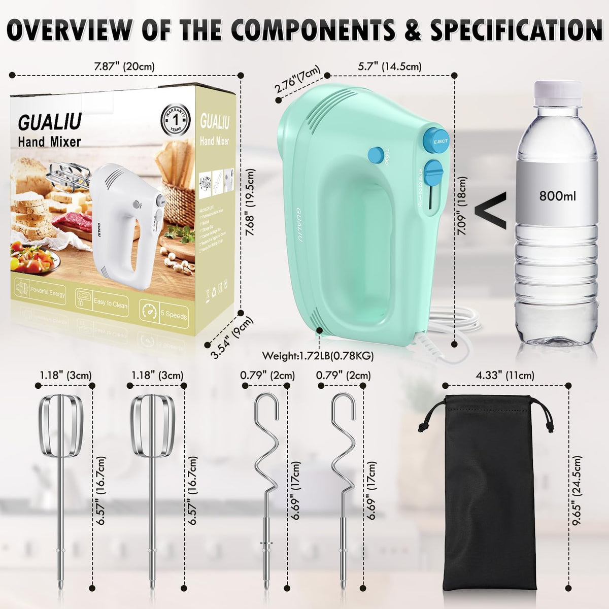 GUALIU Electric Hand Mixer, 304*(2* Beaters, 2* Dough Hooks), (1* Storage Bag) Handheld Mixer for Baking Cakes, Eggs, Cream Food Mixers, Turbo Boost /5 Speed Kitchen Blender PINK