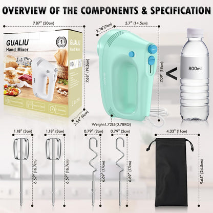 GUALIU Electric Hand Mixer, 304*(2* Beaters, 2* Dough Hooks), (1* Storage Bag) Handheld Mixer for Baking Cakes, Eggs, Cream Food Mixers, Turbo Boost /5 Speed Kitchen Blender PINK