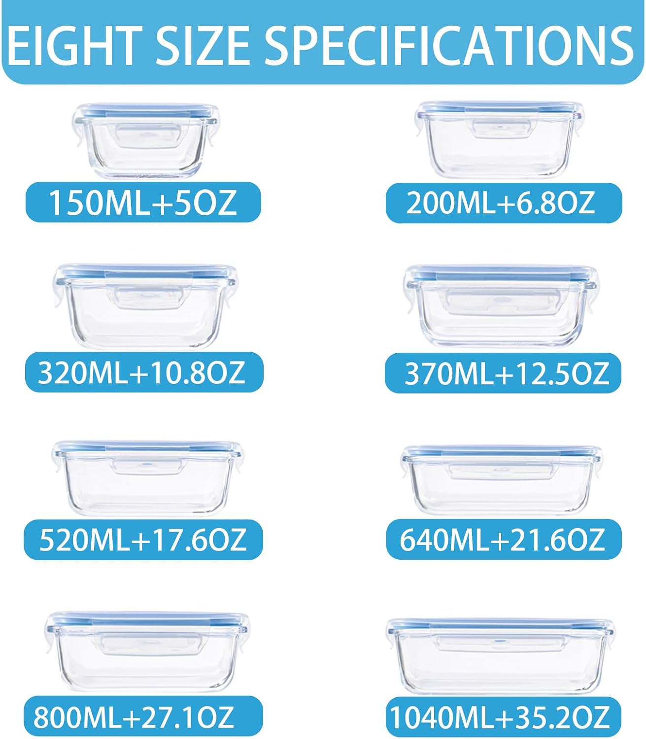 8 Pack Glass Meal Prep Containers with Lids, Glass Food Storage Containers with Snap Locking Lids, Airtight Lunch Containers for Microwave, Oven, Freezer and Dishwasher BPA Free (Green)