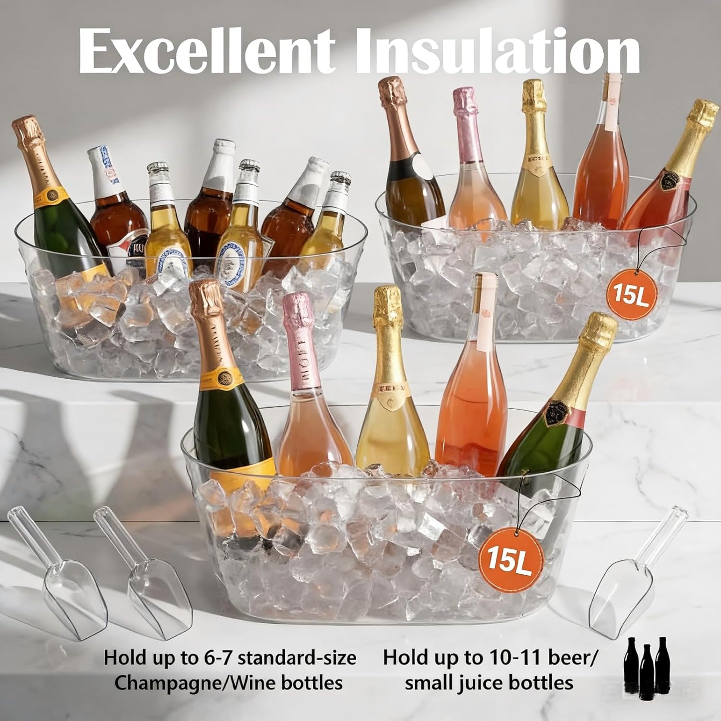 Ice Buckets for Parties 2 Packs, 15L Large Ice Bucket with 2 Scoops, Clear Acrylic Plastic Tub for Home Office Fridge Storage, Supplies for Champagne, Beer, Cocktail on Mimosa Bar Drinks and Parties