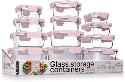 Bakken Borosilicate Glass Food Storage Containers with Lids 24 Pieces, BPA-Free Stackable Lunch & Leftover Containers, Microwave, Freezer & Dishwasher Safe, 100% Airtight Leak-Proof, Gray
