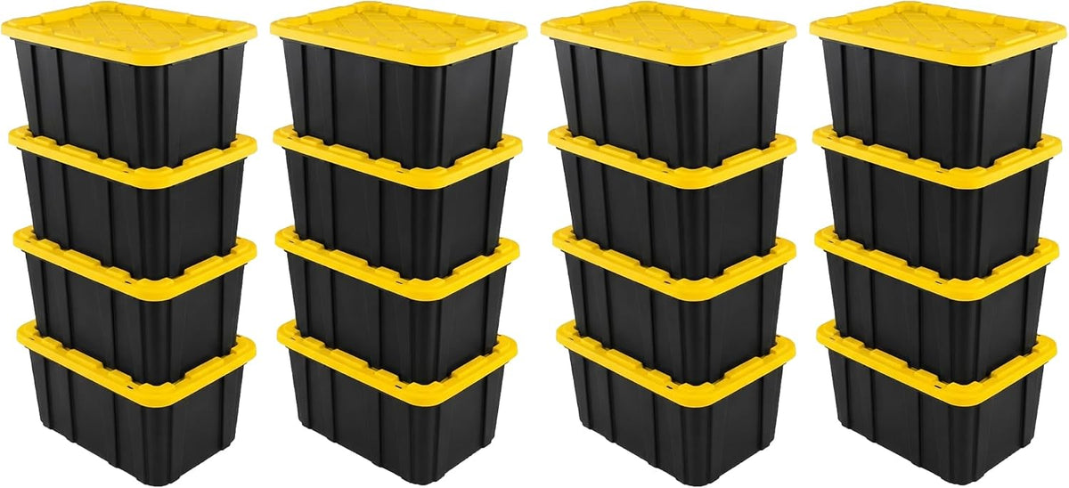 Sterilite 4-Pack 27 Gallon Industrial Storage Tote, Heavy-Duty Plastic Bins, Black/Yellow - Stackable Utility Organizers with Lids for Garage, Camping Tools, and Outdoor Gear