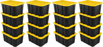 Sterilite 4-Pack 27 Gallon Industrial Storage Tote, Heavy-Duty Plastic Bins, Black/Yellow - Stackable Utility Organizers with Lids for Garage, Camping Tools, and Outdoor Gear