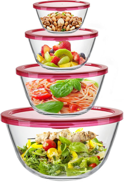 KOMUEE 4 Pack Glass Mixing Bowls Set with Lids (4.8QT, 2.9QT, 1.7QT, 0.8QT), Glass Nesting Bowls for Kitchen Baking, Cooking and Serving, Oven, Dishwasher, Freezer, and Microwave Safe