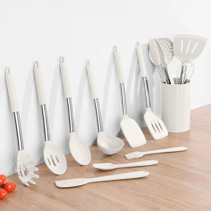 Onader Kitchen Utensils Set, 15 Pcs Silicone Cooking Utensils Set with Holder and Heat Resistant Stainless Steel Handle for Nonstick Cookware - Black