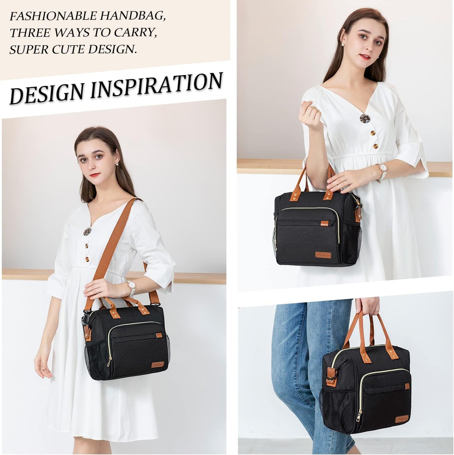 TuErCao Small Lunch Bag Lightweight Insulated Lunch Box for Women Work Portable Soft Cooler for Picnic Travel Road Trips, Loncheras para Mujer, Black