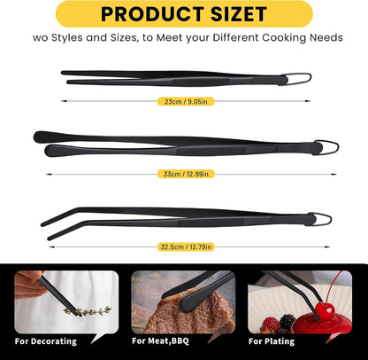 3 Pcs Cooking Tweezers Set, 8" 12" Food Grade 304 Stainless Steel Kitchen Tweezers with Straight & Angled Serrated Tips, Fingerprint-Proof Precision Tongs for BBQ, Plating, Aquascaping