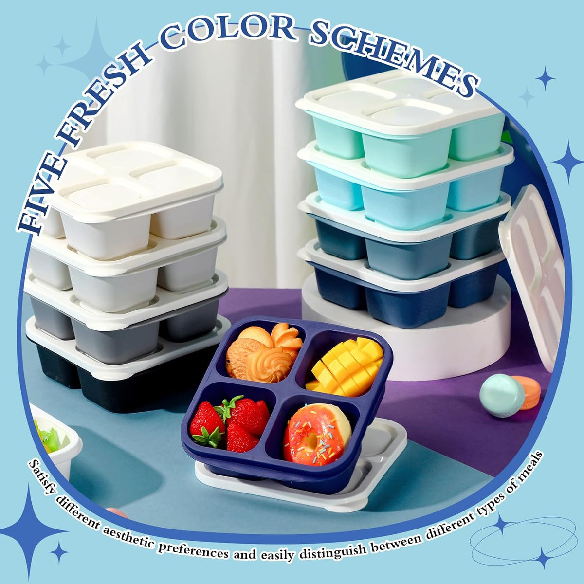 Honeydak 10 Pack Bento Snack Containers 4 Compartment Snack Boxes Reusable Containers with Lids Divided Meal Prep Lunch Food Storage Box for School Work Travel