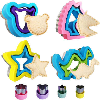 Uncrustable Sandwich Cutter and Sealer Set for Kids – 4 Pack Sandwich Bread Maker with Fun Shapes (Unicorn, Dinosaur, Heart etc) and 4 Fruit Cookie Cutters, Perfect for Lunch & Bento Box (8)