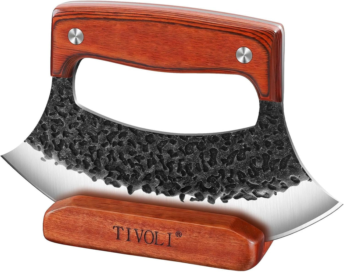 TIVOLI Ulu Knife with Wooden Stand – Mezzaluna Rocker Knife - Pizza Cutter
