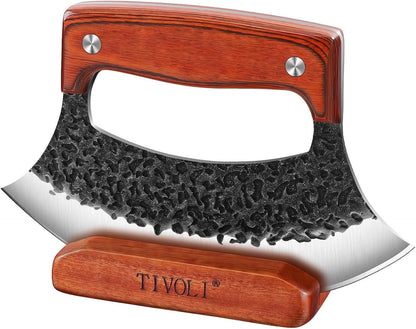 TIVOLI Ulu Knife with Wooden Stand – Mezzaluna Rocker Knife - Pizza Cutter