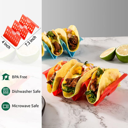 Premium Taco Holder Stand, Colorful Large Taco Holders Set of 6 or 4, Taco Stands for 3 Tacos for Soft/Hard Shells, Street Taco Rack with Plates & Tray, Dishwasher & Microwave Safe