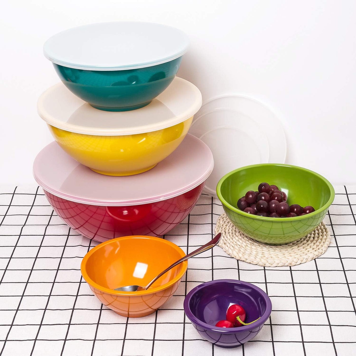 KX-WARE Melamine Mixing Bowls with Lids - 6 Piece Melamine Bowls and 6 Piece Plastic Lids, Multicolor