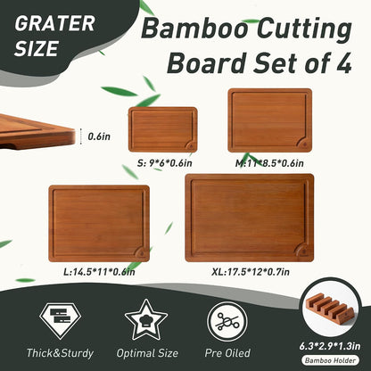 3 Packs Bamboo Cutting Board Set with Non Slip Feet Holder and Over Sink Nice Solid Thick Wood Juice Groove Chopping Board Extra Large Big Small Best Hardwood Kitchen Organic Vegetable Meat BBQ Kit