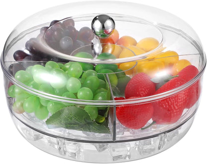 Homaisson Rotating Ice Chilled Serving Tray, Clear Fruit Veggie Tray with Lid, 5 Compartments Chilled Party Platter, Divided Salad Bowl with Ice Tray for Appetizer, Snacks, Sushi