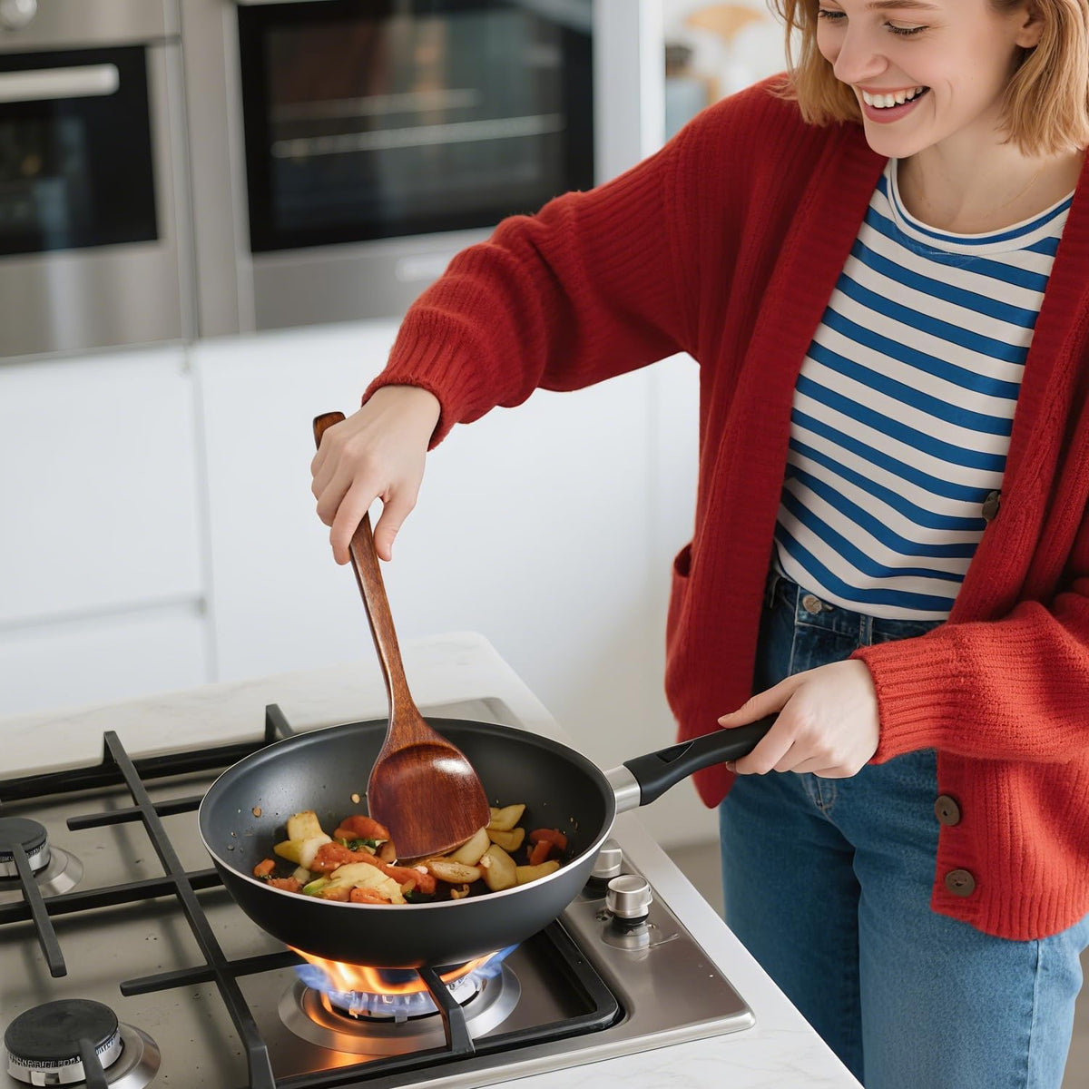 1PCS Wooden Spatulas for Non-Stick Cookware - Long Handle Flat Frying Spatula Set, Healthy and High Moisture Resistance (1, C1-13.78"x3.54")