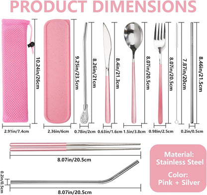 JEPELUS Pink Travel Utensils Set with Case, 10 Pieces Camping Cutlery Set Portable Reusable Flatware Silverware for Lunch Box, Stainless Steel Spoon Fork Chopsticks Knife Straws Sets, Dishwasher Safe