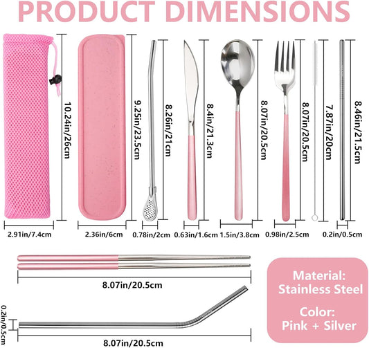 JEPELUS Pink Travel Utensils Set with Case, 10 Pieces Camping Cutlery Set Portable Reusable Flatware Silverware for Lunch Box, Stainless Steel Spoon Fork Chopsticks Knife Straws Sets, Dishwasher Safe
