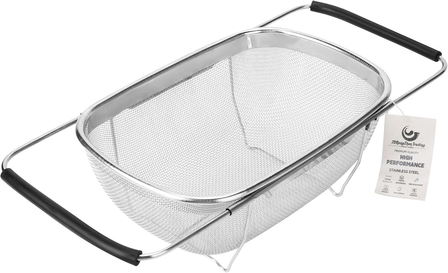 ZDRongZhen Kitchen Accessories Over the Sink Colander Strainer Basket，Stainless Steel Colander with Expandable Rubber Grip Sink Drainer-Rinse Vegetables Fruits &Strain&Drain (Large-Fine mesh)