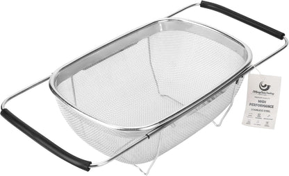 ZDRongZhen Kitchen Accessories Over the Sink Colander Strainer Basket，Stainless Steel Colander with Expandable Rubber Grip Sink Drainer-Rinse Vegetables Fruits &Strain&Drain (Large-Fine mesh)