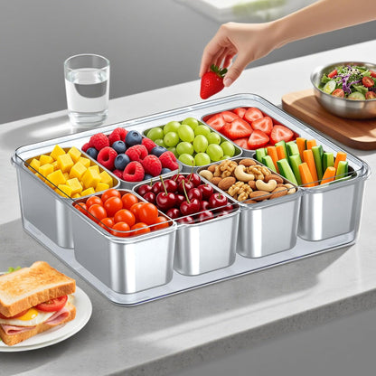 Snackle Box Container Stainless Steel - Reusable 8 Compartment Divided Serving Tray with Lid and Handle, Clear Portable Snack Containers Platters Storage Organizer for Snacks Fruit Candy Veggie Nuts