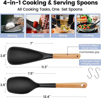 Large Silicone Cooking Spoons Set, 2 Pcs Heat Resistant Serving Spoon, Multifunction Nonstick Spatula Spoon, Kitchen Cucharras de Silicona for Mixing, Stiring, Basting, Scooping, Scraping