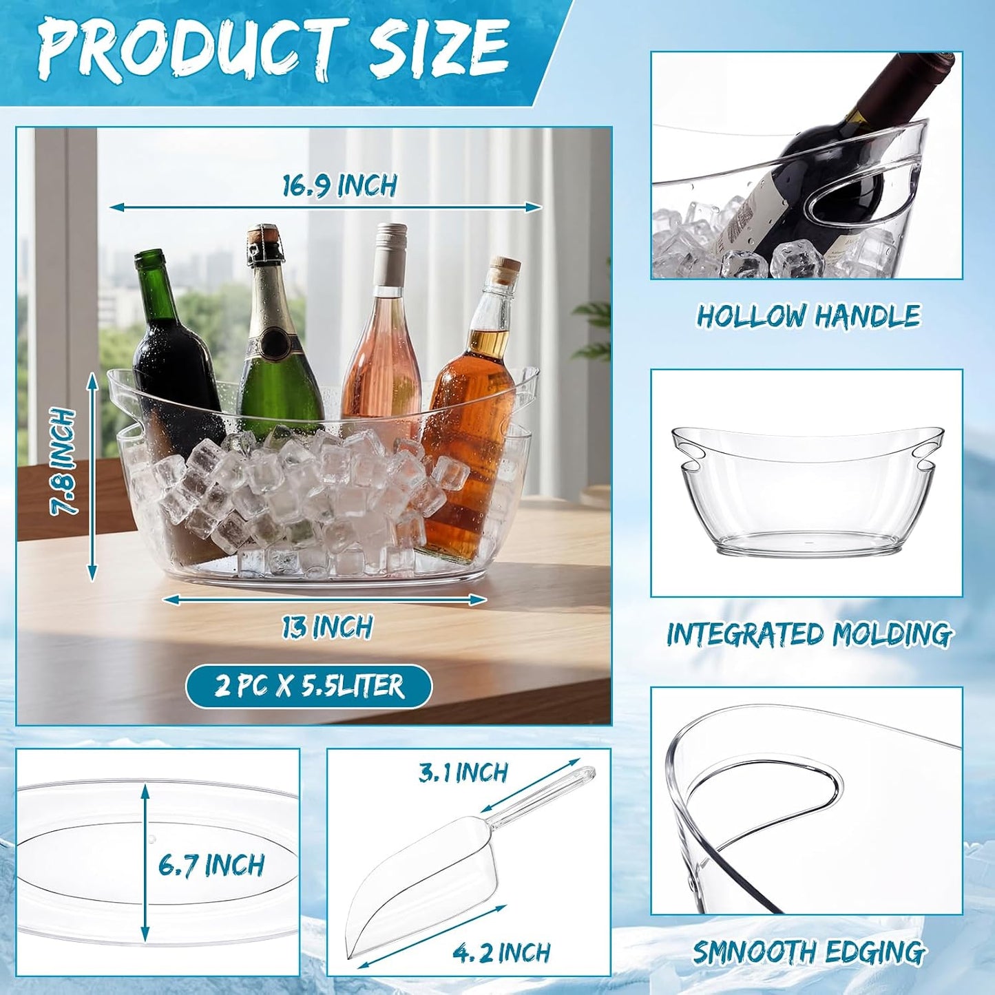 meekoo 104 Pcs Ice Buckets for Parties Set, 2 Pack 5.5l Clear Beverage Tub, 100 Pack 4.5oz Plastic Champagne Flutes, 2 Ice Scoops, Mimosa Bar Drink Supplies for Beer Wine Champagne Juice(Clear)