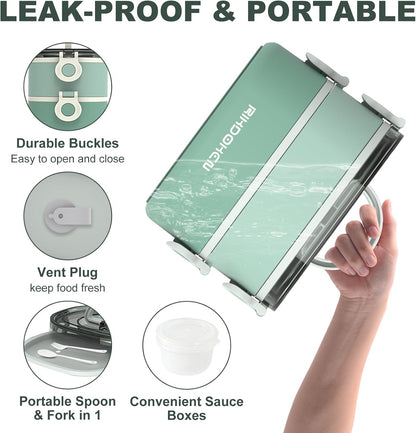 RIKDOKEN Lunch Box, Stackable 3 Layers Containers, Portable 94OZ Large Capacity Leakproof Bento Box with Spoon & Fork & Sauce Boxes, Microwave Safe Lunch Box for Kids and Adults