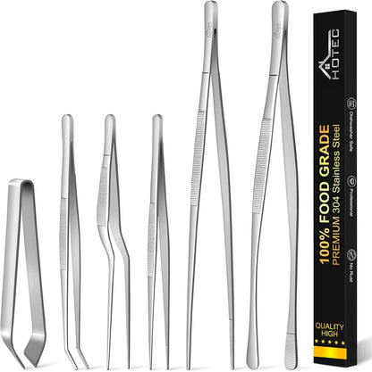 HOTEC Kitchen Tweezers Tongs Stainless Steel Professional Chef Tweezers, Set of 3-6.3", 10" and 12inch Food Tongs for Cooking, Repairing, Dessert, BBQ, Meat, Pasta