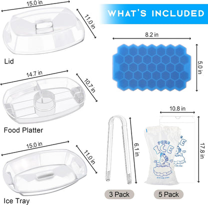 15 Inches Divided Serving Tray, Party Platters and Trays with Lid, Snackle Box Container, Fruit Tray, Veggie Tray, Chilled Serving Trays for Food, Appetizers, Desserts, Cold Food Buffet Server