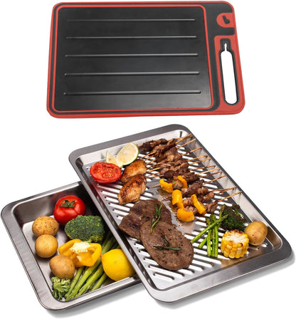 Grilling Prep and Serve Trays, Set of 2 Stackable Stainless Steel BBQ Trays, Deep Marinating Container, Serving Platter for Plating Food, BBQ Prep Tub for Marinating Meats, Grill Accessories