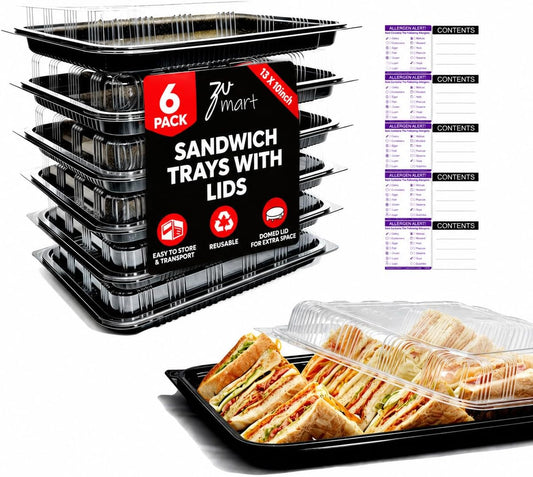 6 Pack Catering Trays with Lid – 13" Serving Trays with Lids - Reusable Serving Platter With Lid for Catering, Buffet, Picnics & Events – Party Trays With Lids (13.39 × 9.84 × 2.95 inch)