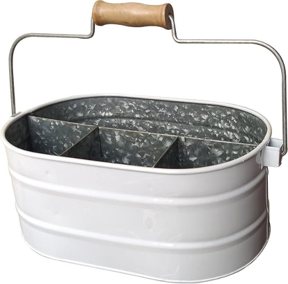 Galvanized Metal Caddy with 4 Compartments, Rustic Farmhouse Kitchen Picnic Utensil Holder, Multipurpose Storage Bin, Metal Garden Planters - 12 Inch - Antique Natural
